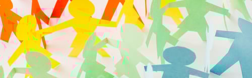 Preview: panoramic shot of colorful paper cut connected people on white, human rights concept