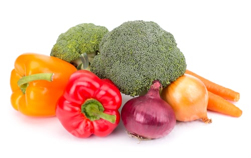 Preview: Fresh vegetables: brocolli, bell peppers, carrot, onion isolated on white background