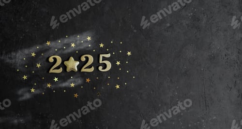 Preview: Numbers 2025 on black concrete background, instead of number 0 there is golden star. New Year banner