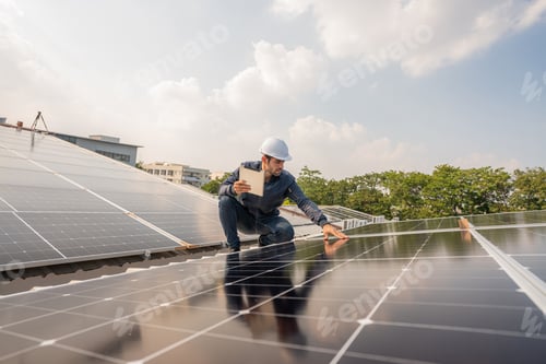 Preview: Service Engineer working inspection installation solar cell on the roof.