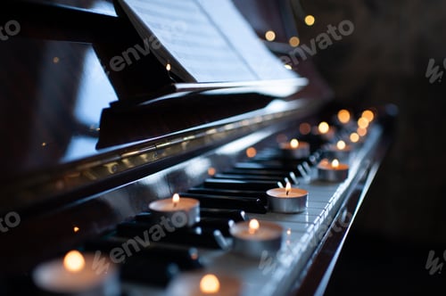 Preview: Burning candles on piano keys at night close up