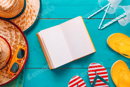 Preview: Reading on summer vacation holiday, book with blank mock up pages, flat lay top view