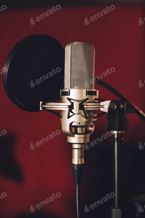 Preview: Close-up of a professional condenser microphone in a studio