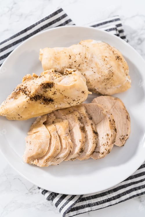 Cooked Chicken Breast Fillets on a White Plate