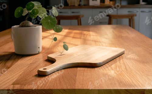 Preview: Empty wooden plate on wooden tabletop with houseplant over defocused kitchen background