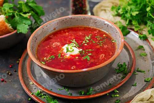 Preview: Traditional Ukrainian Russian borscht with beef on the bowl