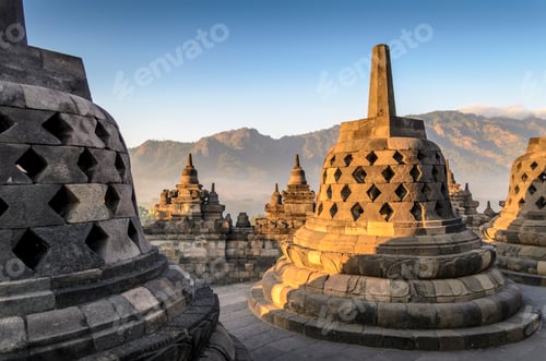 Preview: Borobudur temple, a 9th century Buddhist temple with terraces and stupa with latticed exterior, bell