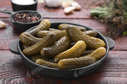 Preview: Pickled cucumbers and ingredients on wooden table