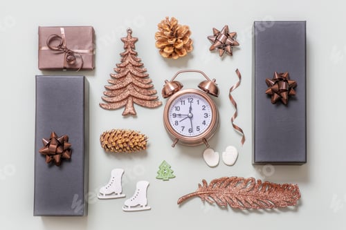 Preview: Christmas New Year flatlay with gifts and holiday decor top view. Creative modern layout