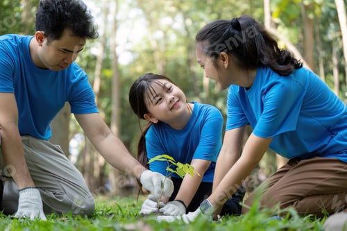 Preview: Volunteers family planting trees together in a park for environmental conservation