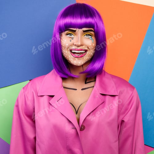 Woman Wearing Pop Art Makeup and a Purple Wig