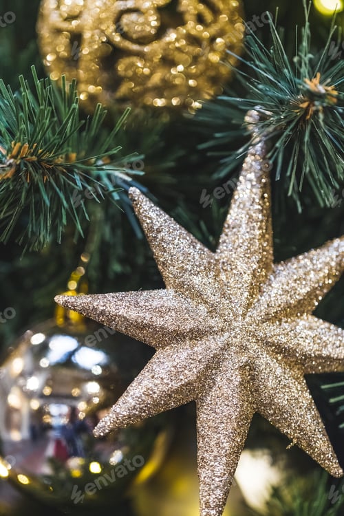 Preview: Decoration of the Christmas tree in the form of shiny gold stars, New Year mood