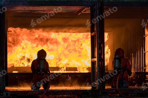 Preview: Firefighter Concept. Fireman using water and extinguisher to fighting with fire flame.