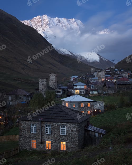 Preview: View of Ushguli community and Shkhara peak in Svaneti, Georgia