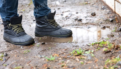 Preview: A man in jeans and boots walks through the swamp in rainy weather.