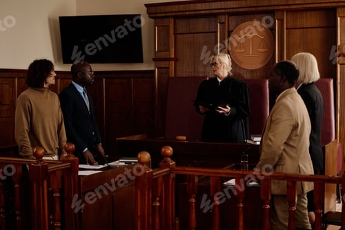 Preview: Impartial judge with open folder standing in front of opposite sides of court case