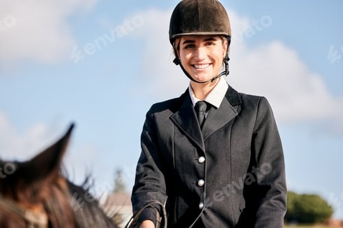 Preview: Portrait, horse riding and a woman with an animal on a ranch for sports, training or a leisure hobb