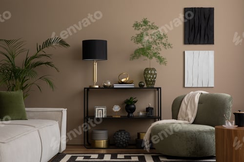 Preview: Warm and cozy living room interior with mock up poster frame