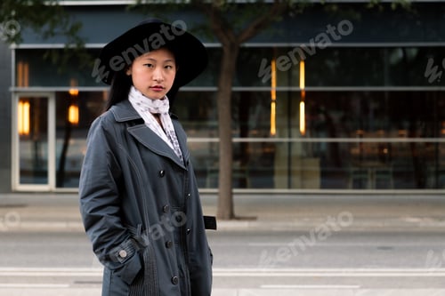Preview: portrait of beautiful asian woman in hat and coat