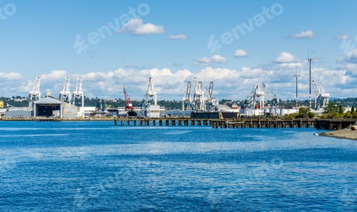 Preview: A View Of Crains Along The Docks In The Port Of Seattle.