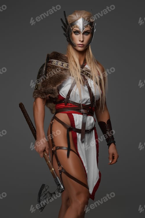 Preview: Viking Valkyrie. Muscular Warrior with Dual Axes