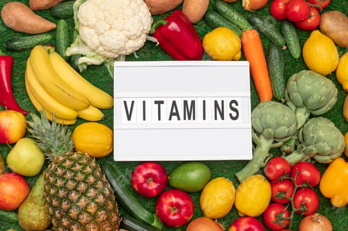 Preview: Vitamin fruit and vegetables around inscription