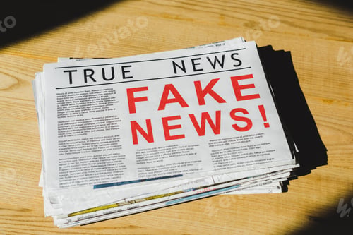 Preview: pile of newspapers with fake and true news on wooden table