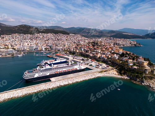 Preview: Aerial view cruise ship in port of Kavala. Visitors can enjoy breathtaking panoramas of the city's