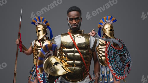 Preview: Black greek soldier with two comrades against grey background