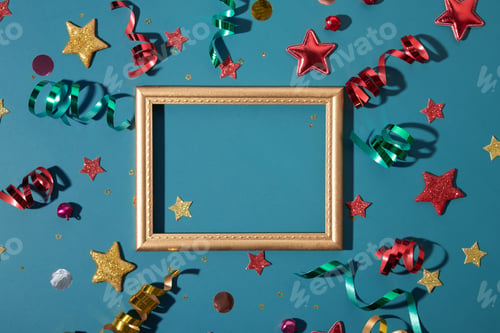 Preview: Top view golden frame with shiny festive stars, streamers, sparkles with copy space