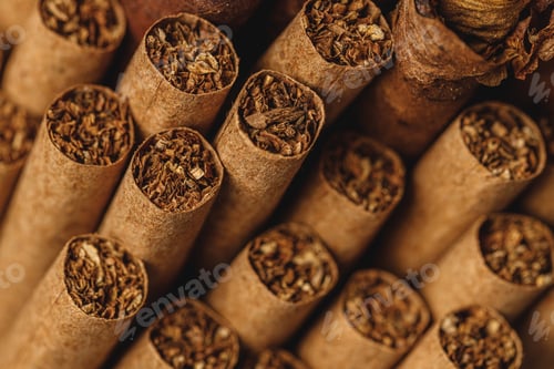 Preview: Pile of new cigars close up on wooden table