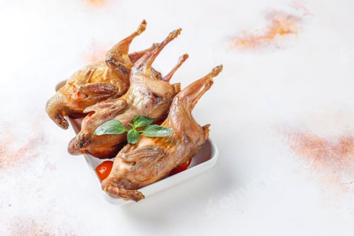 Preview: Delicious fried quail with herbs and cherry tomatoes.