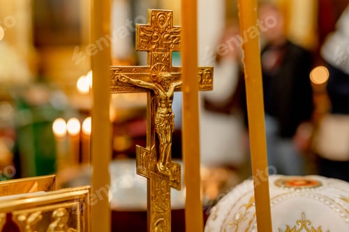 Preview: Orthodox Church. Christianity. Festive interior decoration with burning candles