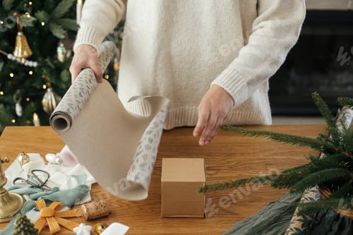 Preview: Wrapping christmas gift. Stylish festive wrapping paper, craft gift box, ribbonson wooden table