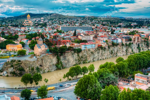 Preview: Scenic Summer Top View Of Metekhi Cliff Area, Mtkvari Kura River