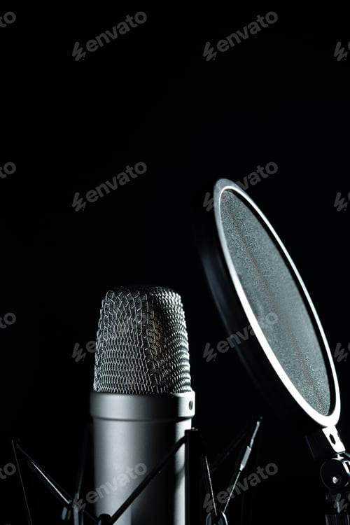 Preview: Professional microphone against black background in studio