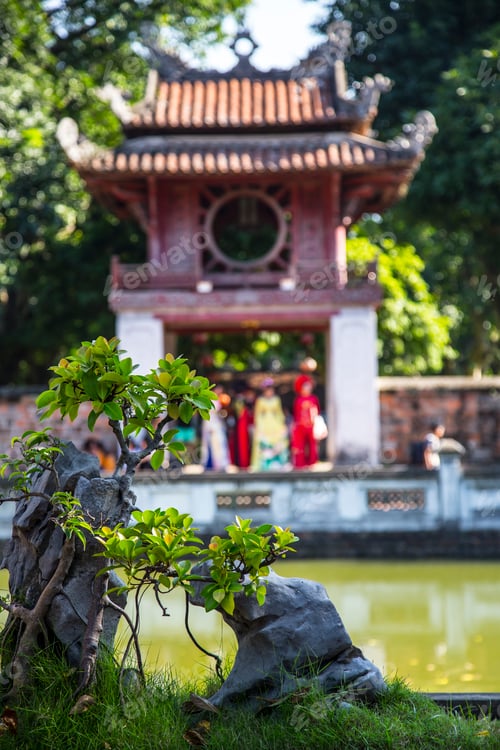 Preview: A bonsai and behind a traditional temple in Hanoi, Vietnam