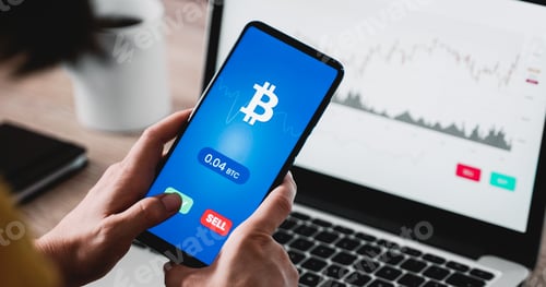 Preview: Young trader using exchange crypto currency app using mobile phone app - Stock market investor