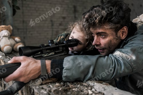 Preview: handsome man touching gun near kid, post apocalyptic concept