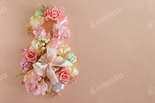 Preview: Floral Number Eight with Satin Bow. Elegant Womens Day Decoration on Pink Background