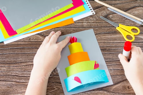 Preview: The child glue Greeting card with birthday cake congratulation.