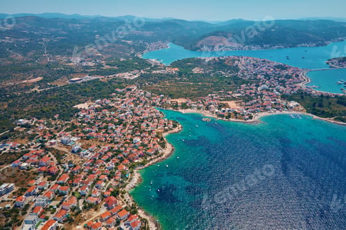Preview: Islands in sea covered with lush greenery, aerial view. Rogoznica, Croatia