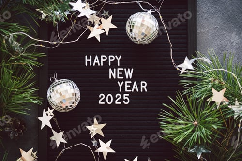 Visualização: Feliz Ano Novo 2025. Fundo de Natal com árvore de cone e decorações de Natal
.