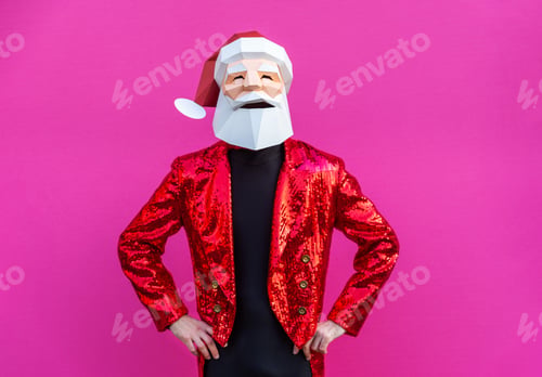 Preview: Man with funny low poly mask on colored background