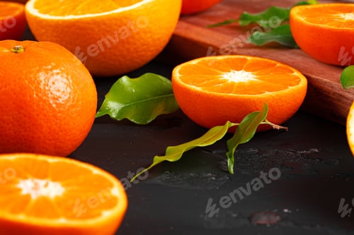Preview: Cut oranges on wooden board on table