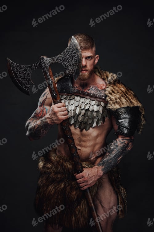 Preview: Brutal tattooed warrior wearing light armour and fur holding two-handed axe in dark studio