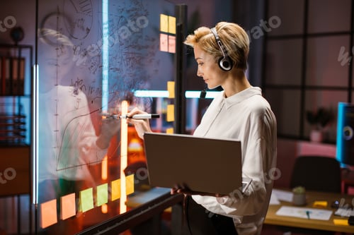 Preview: Female financial expert, ceo manager working near scrum kanban glass wall and writing ideas