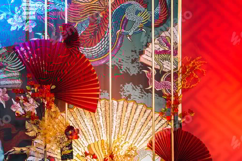 Preview: Oriental background for Chinese New Year party celebration in restaurant. Red gold color