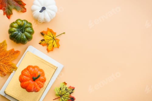 Preview: Autumn office workspace. Autumn flat lay background.