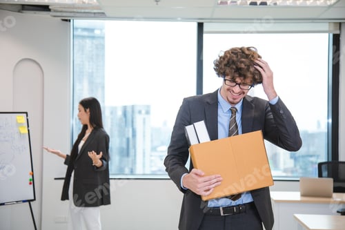 Preview: lose job, Your fired. Unhappy business man with surgical medical mask going out with cardboard